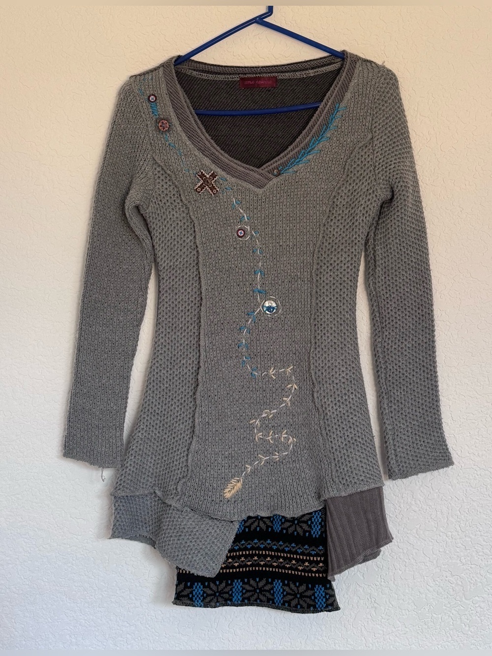 Gray Embroidered V‑Neck Tunic Sweater Women